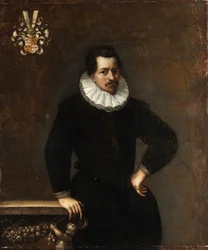 Ritratto a tre quarti di un uomo in abiti neri con colletto bianco, con stemma